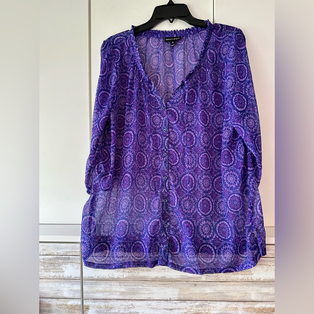 💜 Fashion Bug Purple Sheer Boho Peasant Blouse XL Button Front